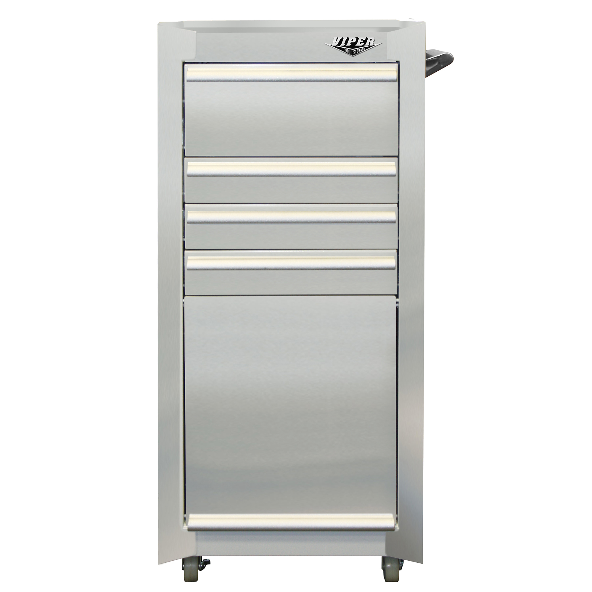 Viper Tool Storage, 4-Drawer Stainless Steel Tool Cart with Bulk Storage, Width 16 in, Height 36.5 in, Color Stainless Steel, Model# V1804SSR